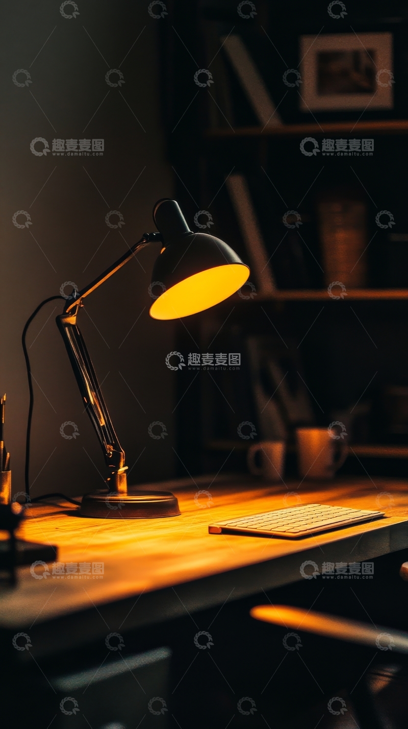 高清大图下载【趣麦麦图】温馨书桌上的台灯与笔记本