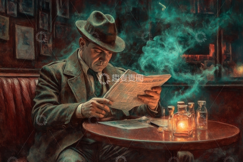 高清大图下载【趣麦麦图】神秘男子阅读报纸，桌上烟雾缭绕