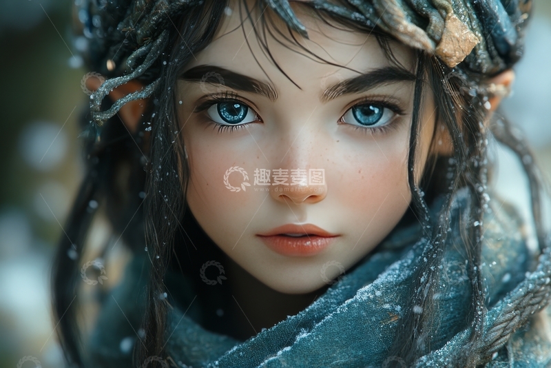 高清大图下载【趣麦麦图】雪中蓝眸少女的凝视