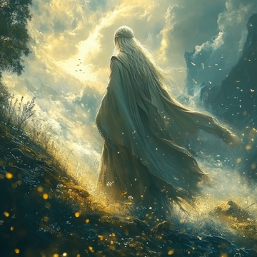 长发斗篷人物背影，阳光穿透云雾