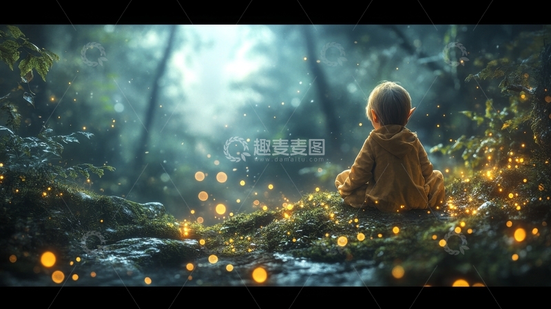 高清大图下载【趣麦麦图】林中孩童静坐，光影环绕