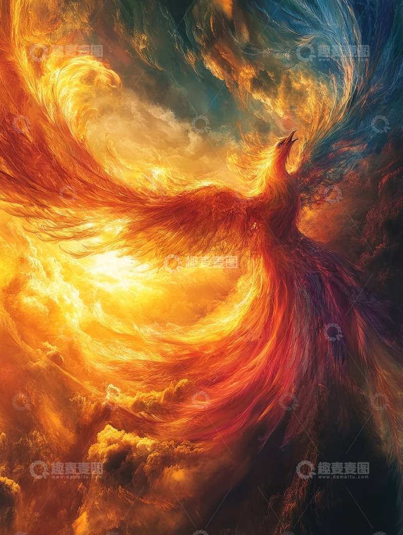 高清大图下载【趣麦麦图】凤凰展翅，火焰与天空的交响