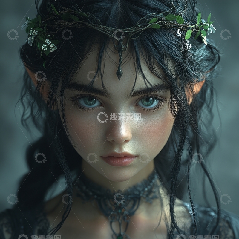 神秘女子，头戴花环，眼神深邃