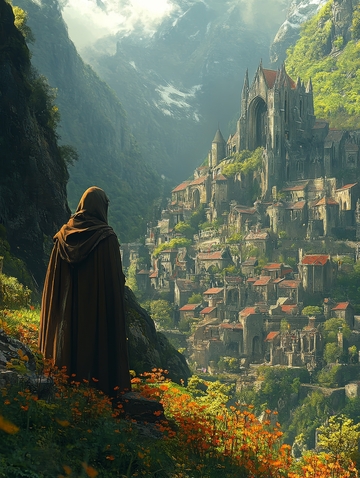 斗篷旅者俯瞰山谷古堡