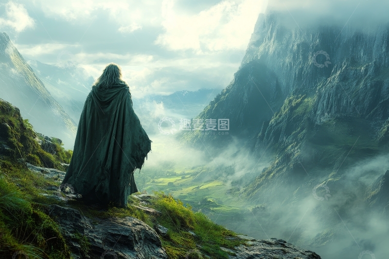 高清大图下载【趣麦麦图】斗篷旅者眺望山谷