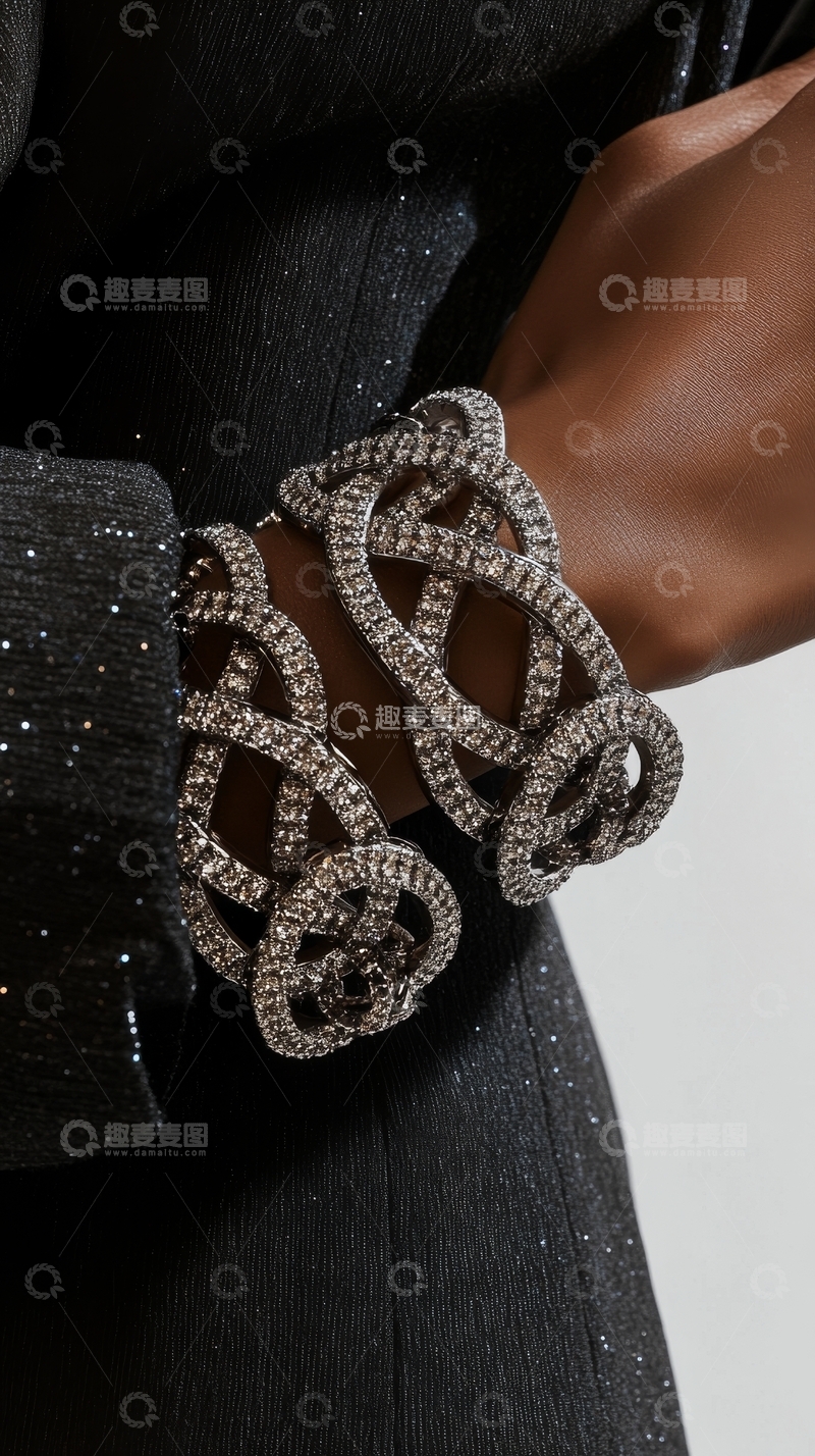 高清大图下载【趣麦麦图】-手戴复杂金属手镯的特写