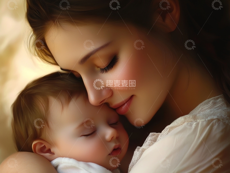 高清大图下载【趣麦麦图】母亲轻吻熟睡婴儿的额头