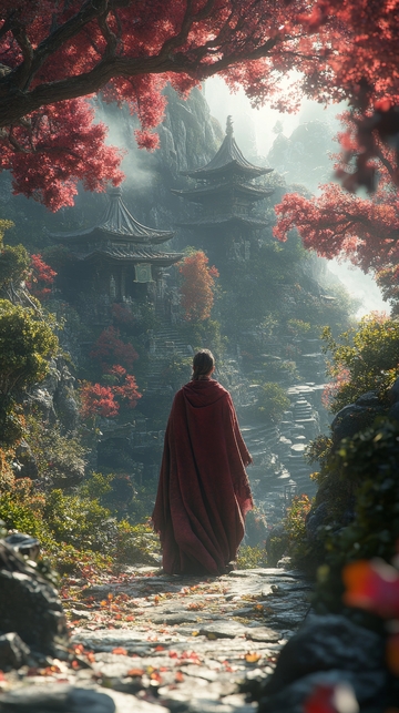 僧人行于红叶古寺间