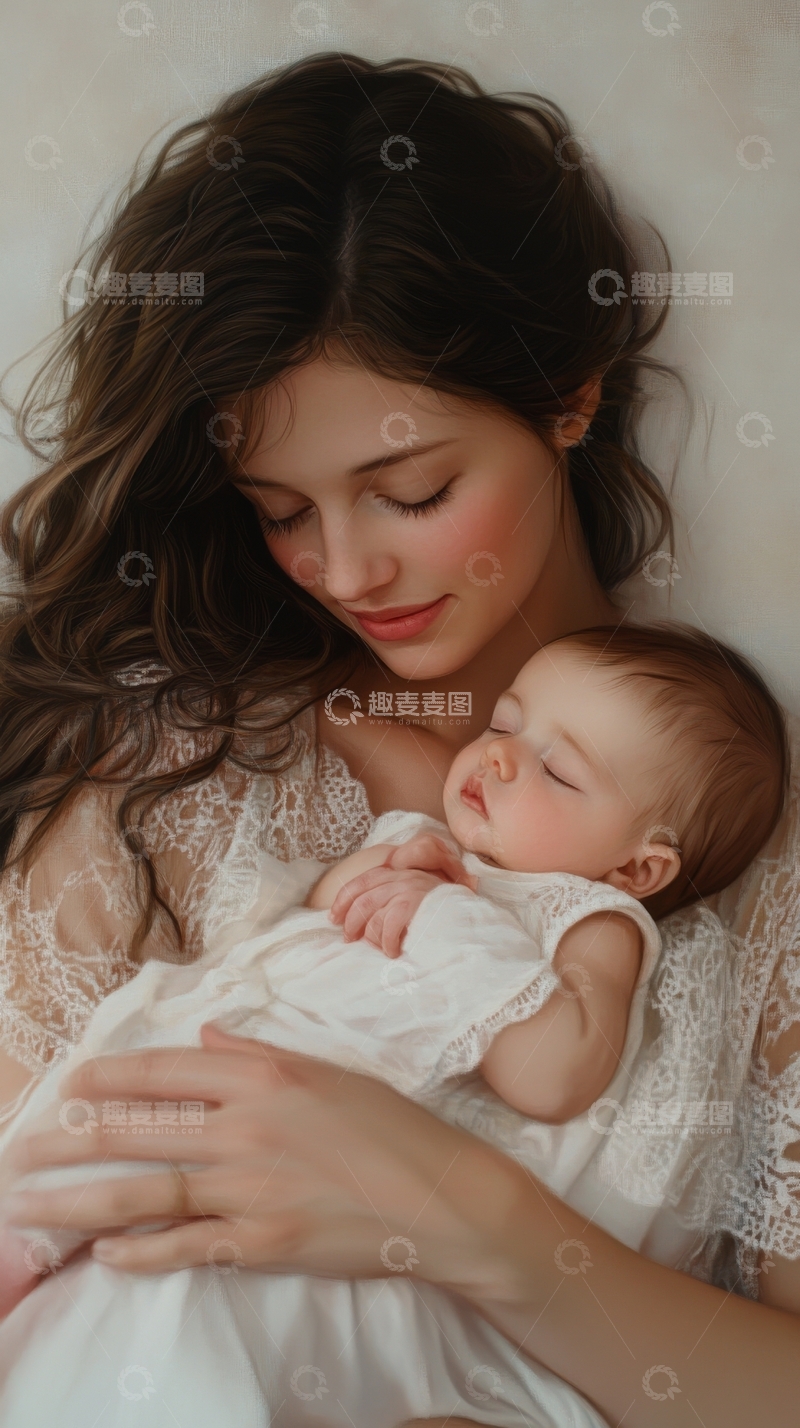高清大图下载【趣麦麦图】母亲轻柔怀抱熟睡婴儿