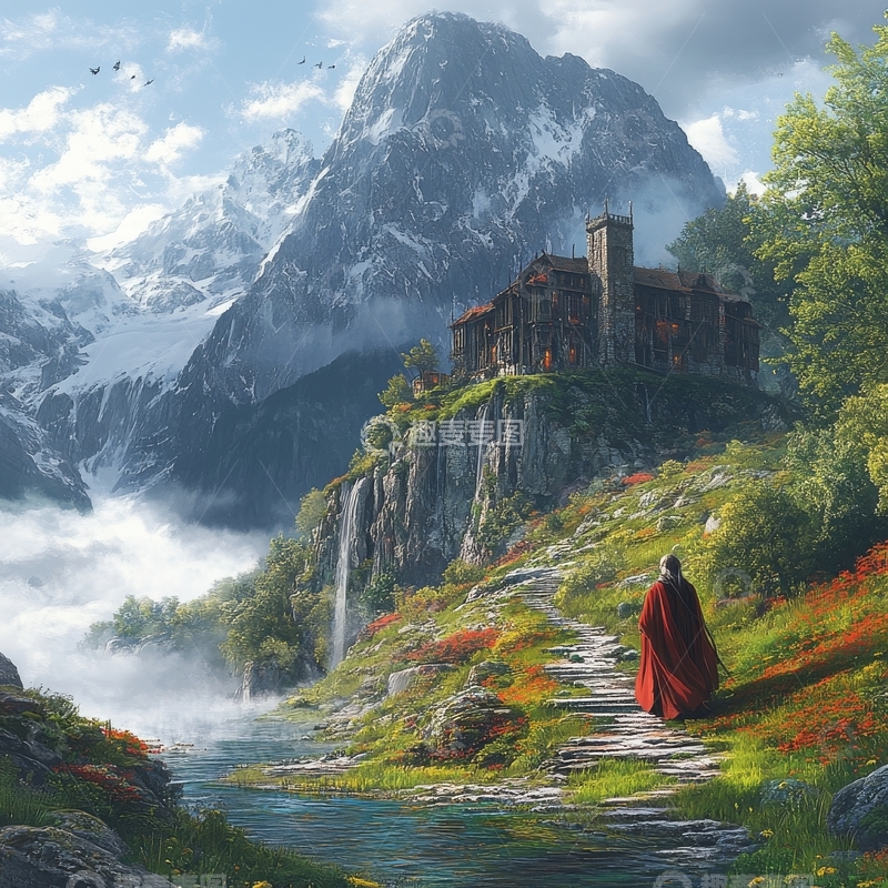 高清大图下载【趣麦麦图】山间古堡，红袍行者
