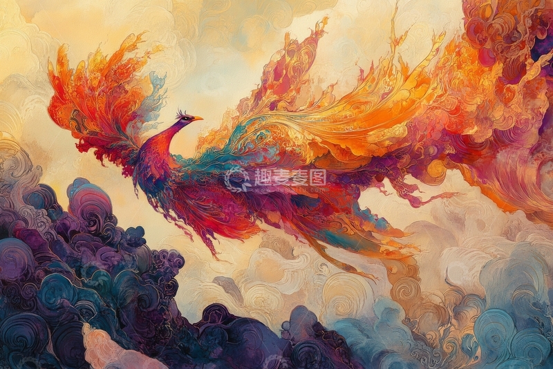 高清大图下载【趣麦麦图】凤凰展翅，火焰与云海交织