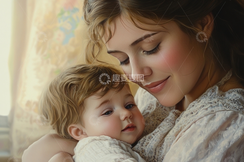 高清大图下载【趣麦麦图】母亲怀抱中的婴儿，温馨时刻