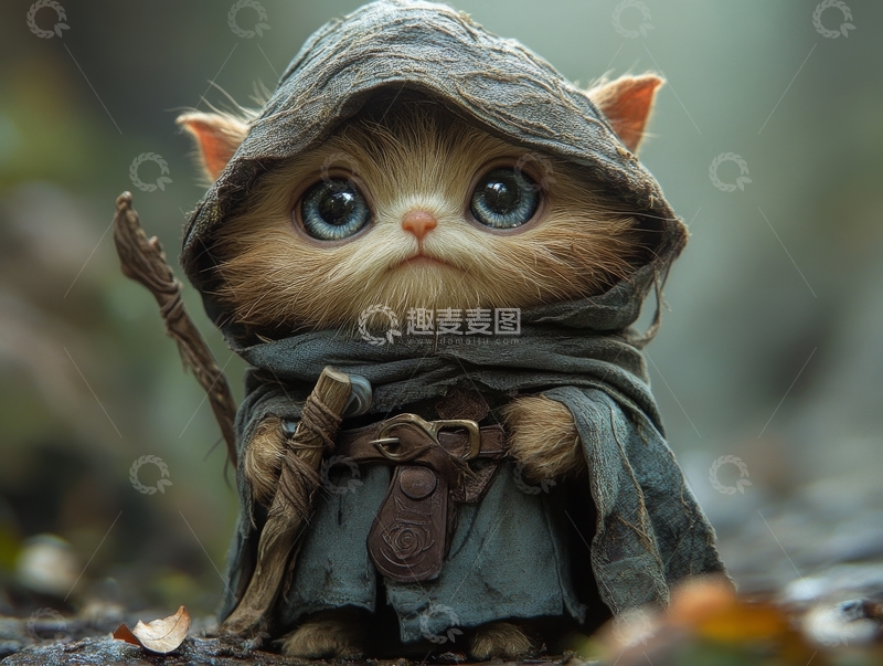 高清大图下载【趣麦麦图】身穿斗篷的小猫，森林中的探险者