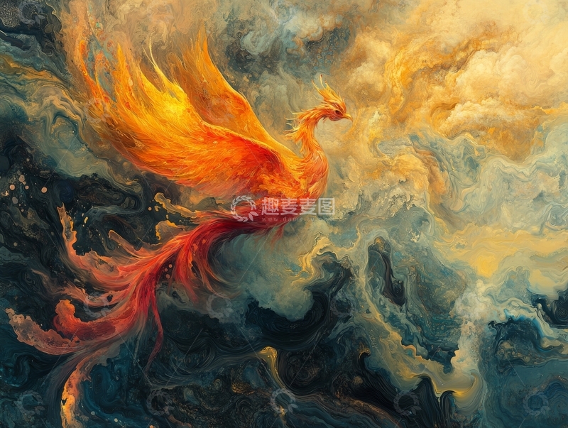 高清大图下载【趣麦麦图】火焰凤凰翱翔于云海之中