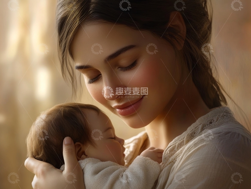 高清大图下载【趣麦麦图】温柔母亲怀抱熟睡婴儿