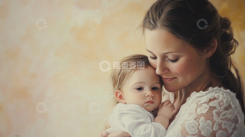 高清大图下载【趣麦麦图】母亲轻吻怀中婴儿，温馨时刻
