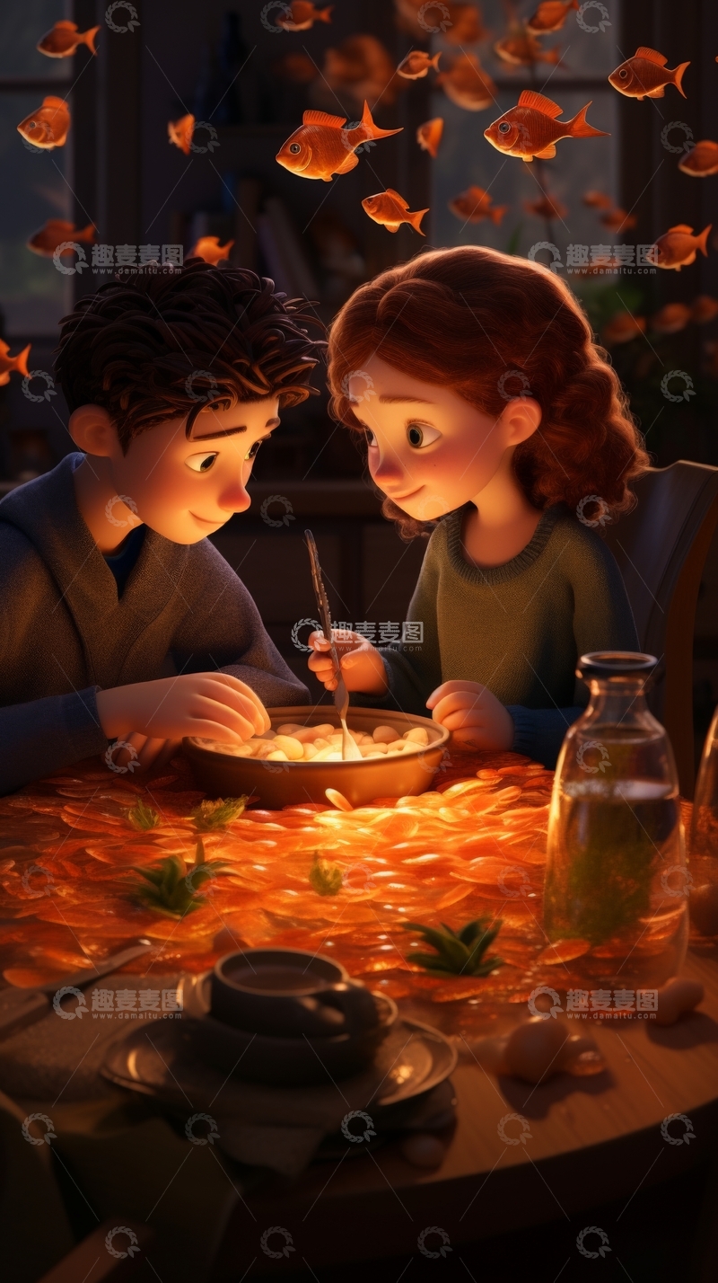 高清大图下载【趣麦麦图】秋叶纷飞，两人共进晚餐