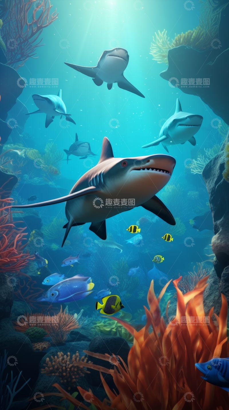 高清大图下载【趣麦麦图】海底世界：鲨鱼与热带鱼共舞