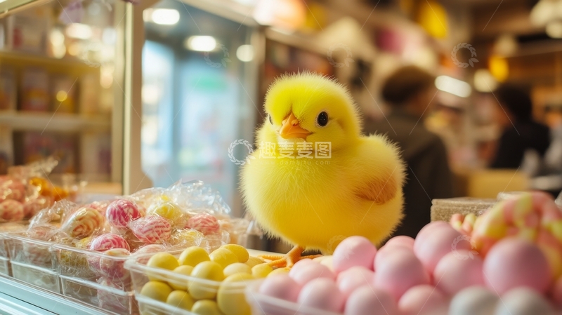 高清大图下载【趣麦麦图】黄色小鸡与糖果的温馨场景