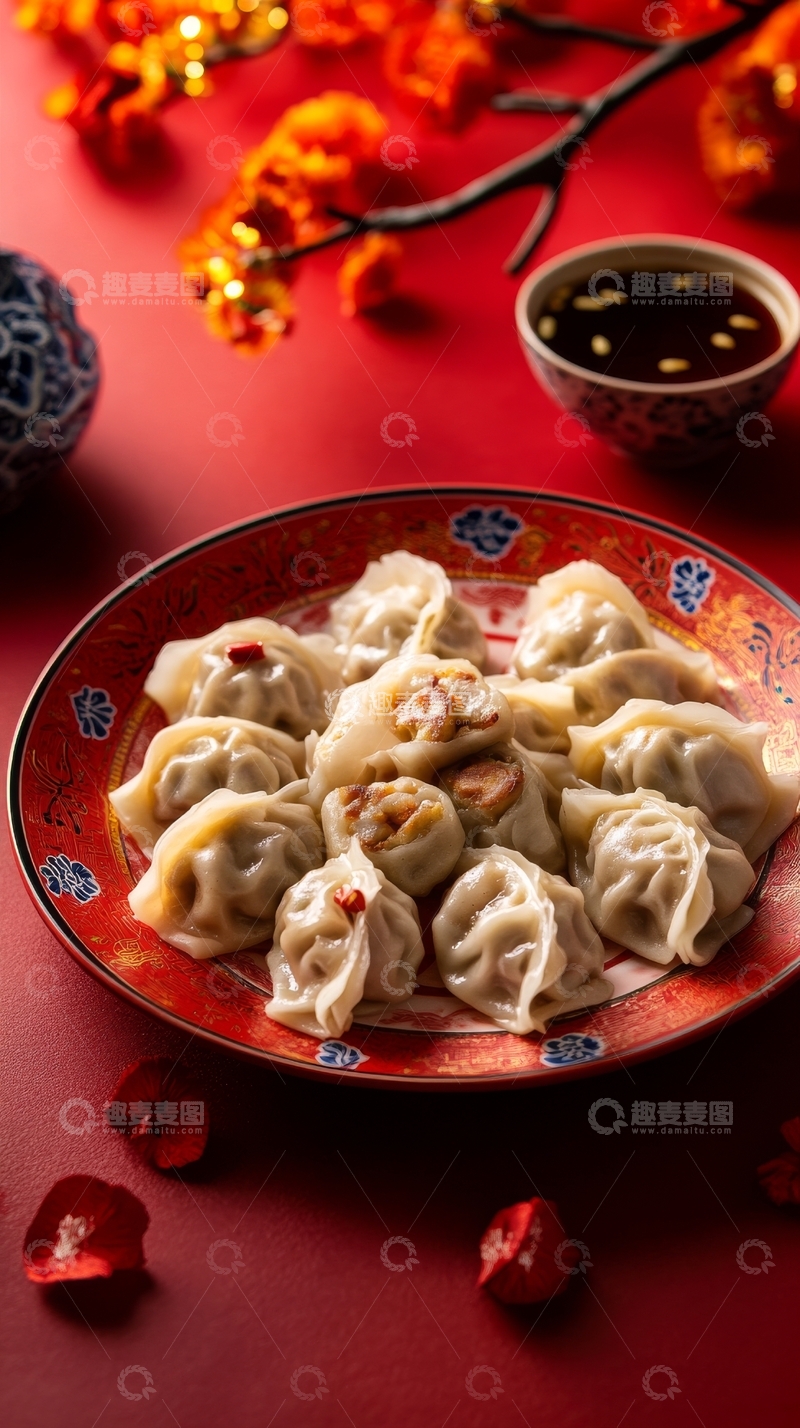 高清大图下载【趣麦麦图】红色盘中的饺子与节日装饰