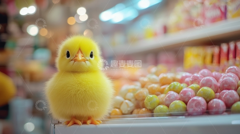 高清大图下载【趣麦麦图】黄色小鸭坐在糖果前的展示架上