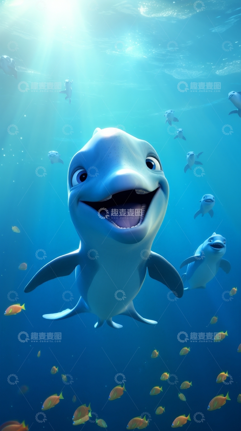 高清大图下载【趣麦麦图】海底微笑的海豚与小鱼