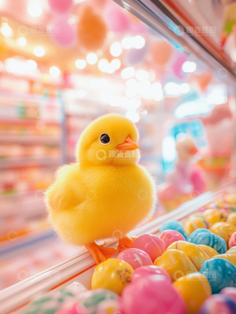 高清大图下载【趣麦麦图】抓娃娃机中的黄色小鸭和彩色糖果