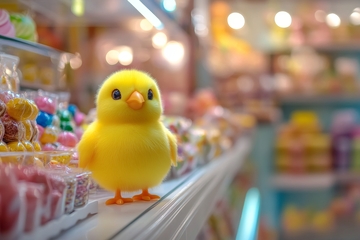 黄色小鸡玩具在糖果店内