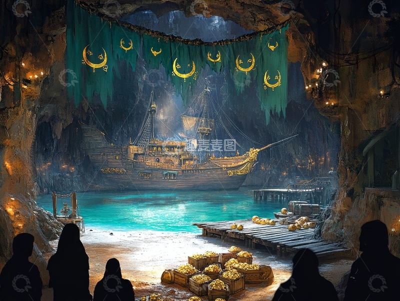 高清大图下载【趣麦麦图】神秘洞穴中的宝藏与古船