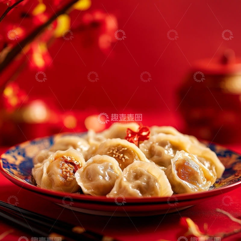 高清大图下载【趣麦麦图】红色背景上的精美饺子