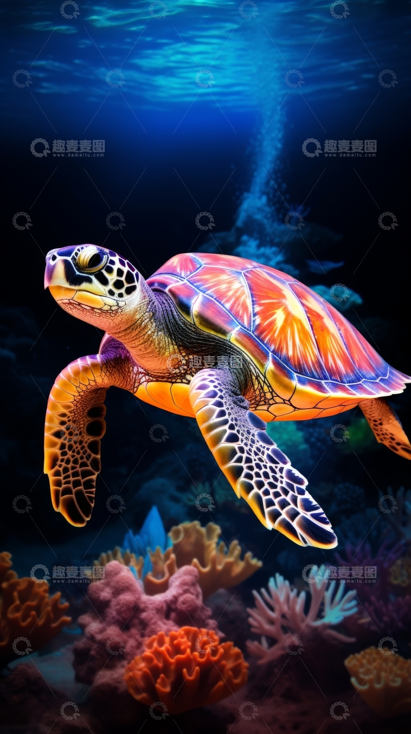 高清大图下载【趣麦麦图】海底世界中的彩色海龟