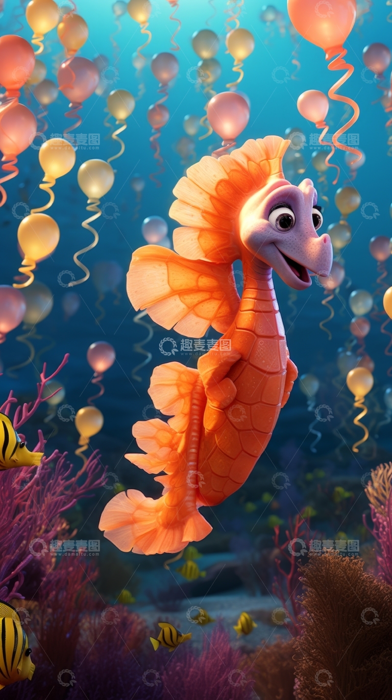 高清大图下载【趣麦麦图】海底世界中的橙色海马
