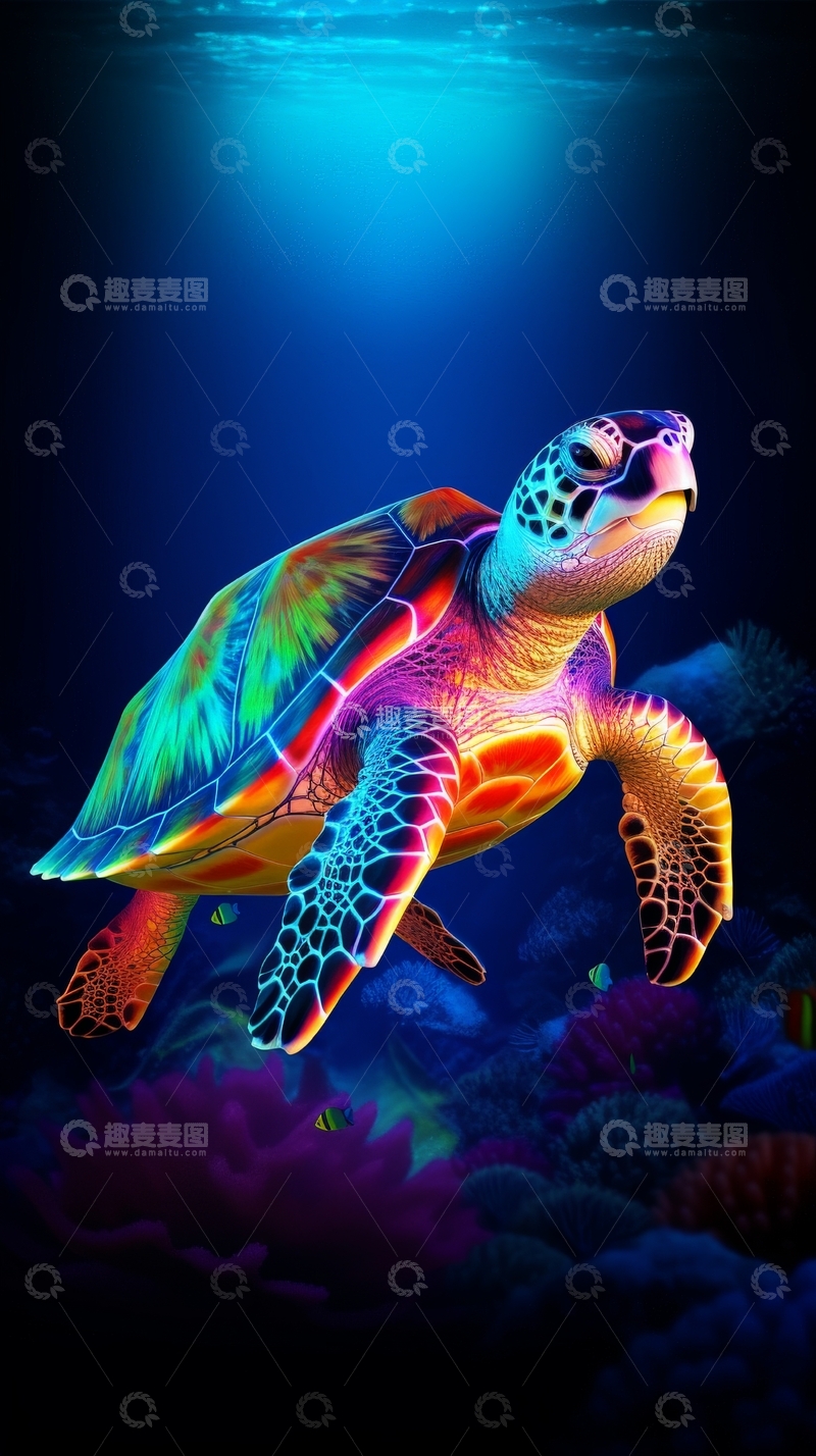 高清大图下载【趣麦麦图】色彩斑斓的海底海龟