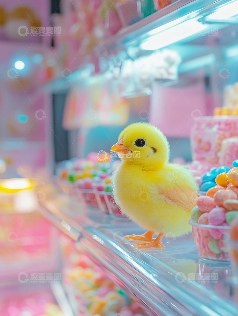 高清大图下载【趣麦麦图】小黄鸭在糖果店的玻璃柜中