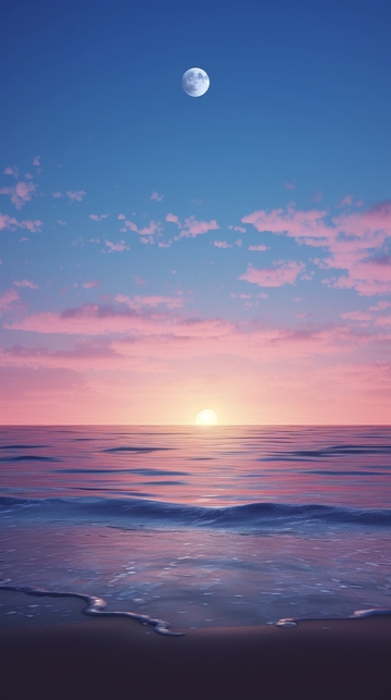 日落海面与满月