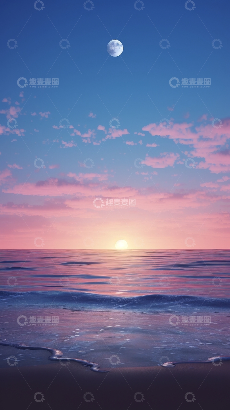 高清大图下载【趣麦麦图】日落海面与满月