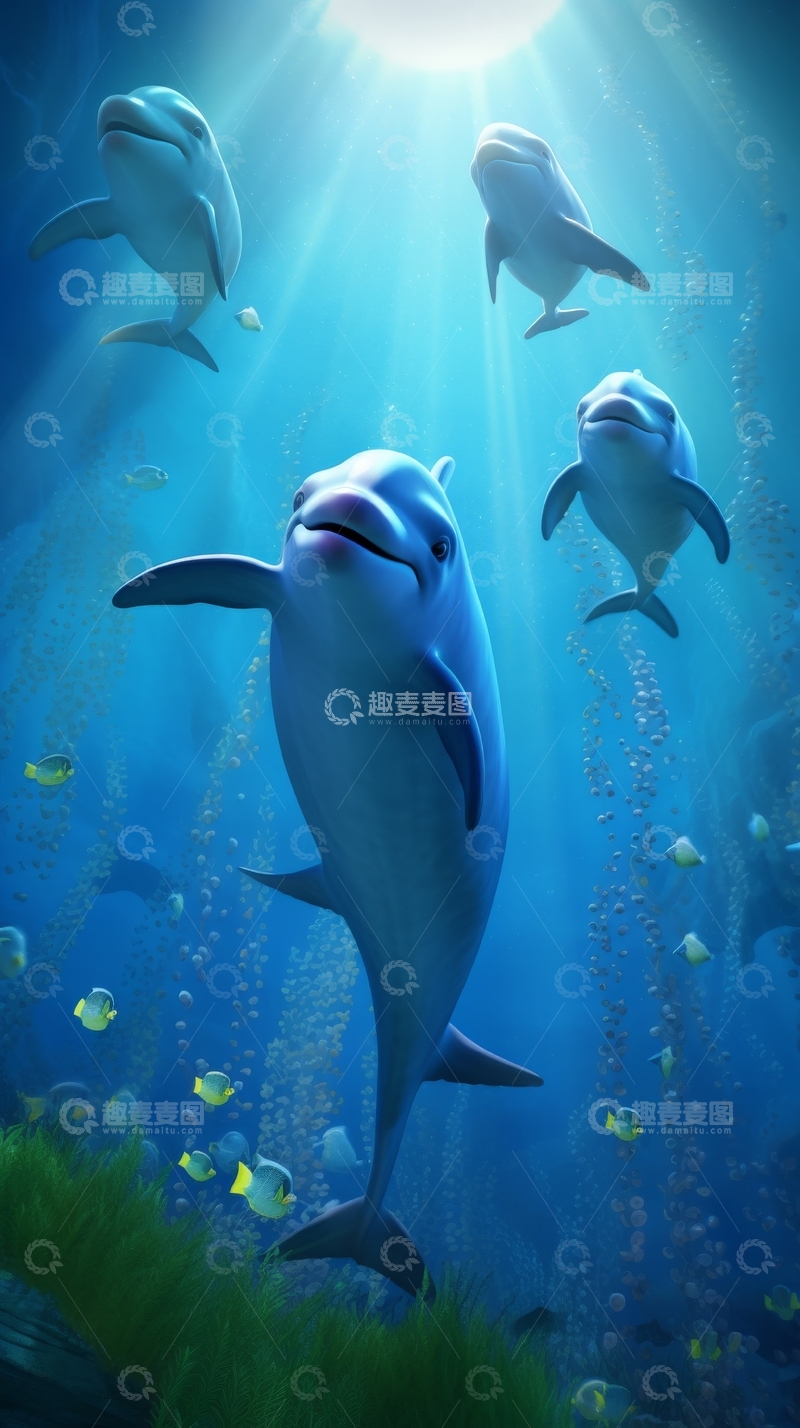高清大图下载【趣麦麦图】海底世界中的海豚群
