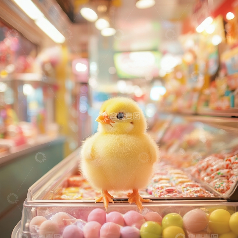 高清大图下载【趣麦麦图】小黄鸡站在糖果柜台前