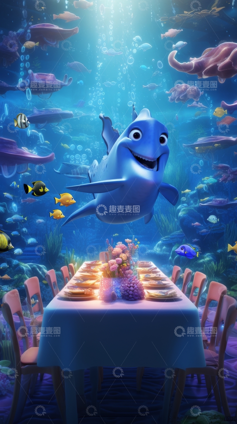 高清大图下载【趣麦麦图】海底餐厅：鲨鱼与鱼群共宴