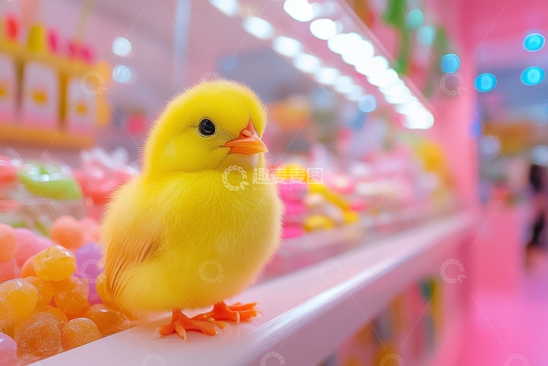 高清大图下载【趣麦麦图】黄色小鸭子在糖果店的货架上