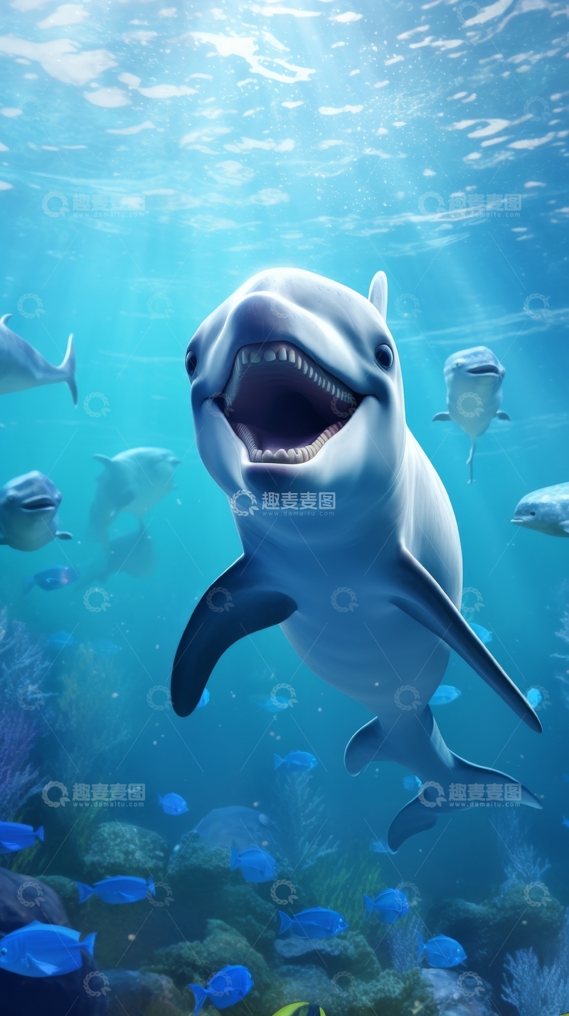 高清大图下载【趣麦麦图】海底畅游的微笑海豚