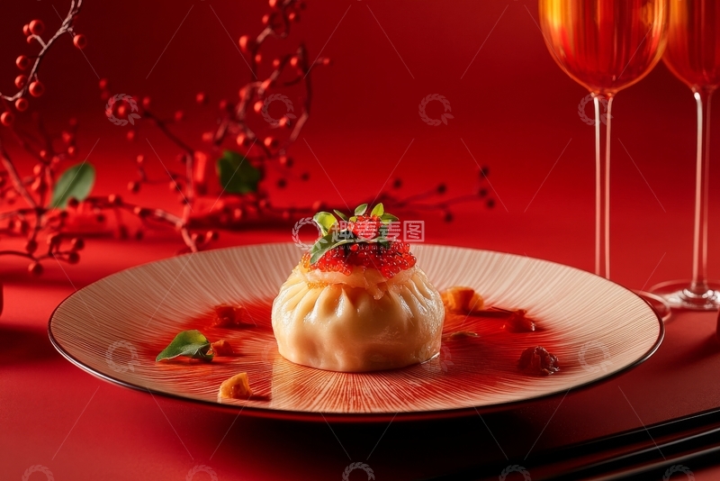 高清大图下载【趣麦麦图】精致点心配红酒，红色背景下的美食艺术