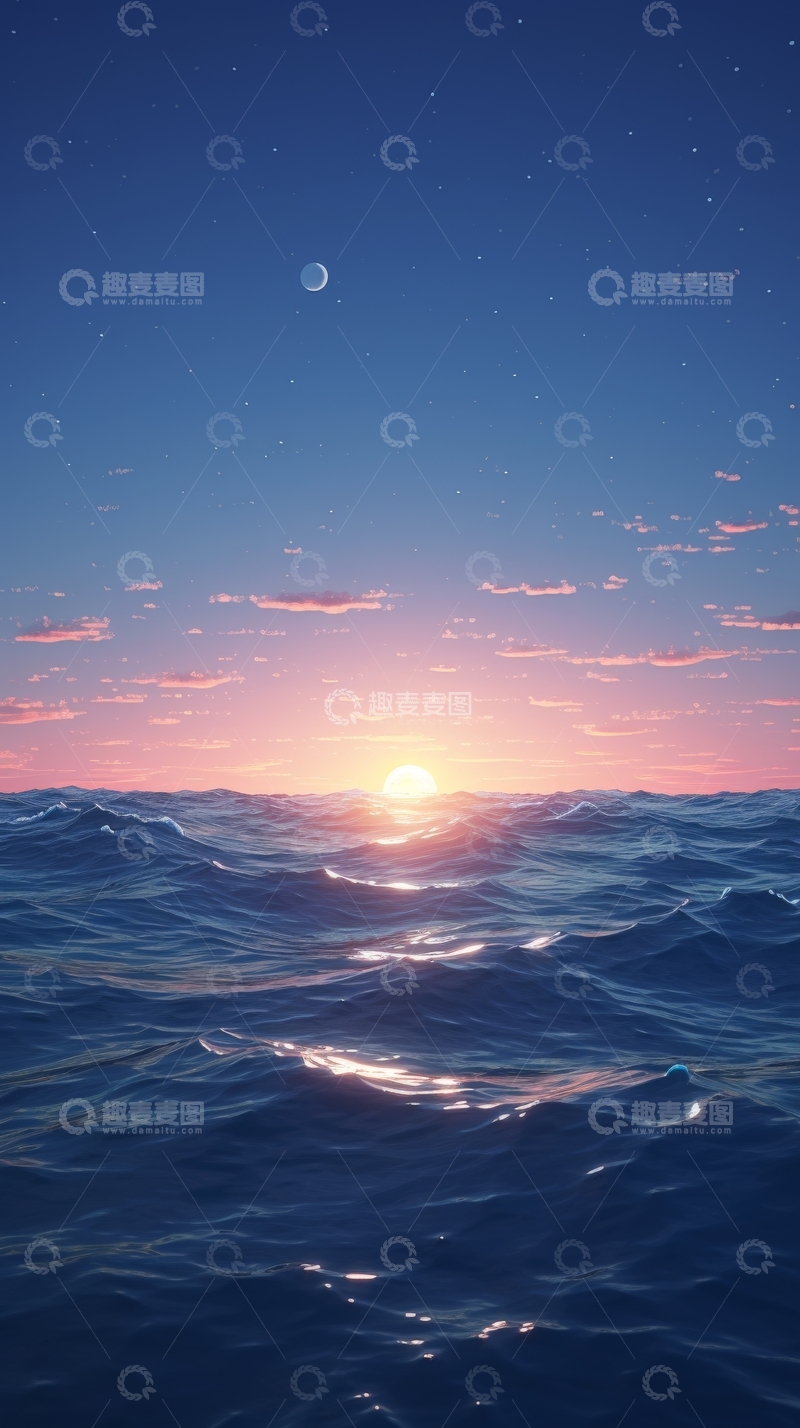 高清大图下载【趣麦麦图】海面日落与月亮的宁静景象