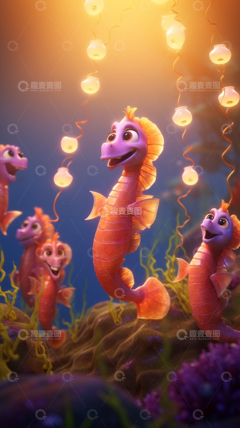 高清大图下载【趣麦麦图】海底世界中的海马群欢聚