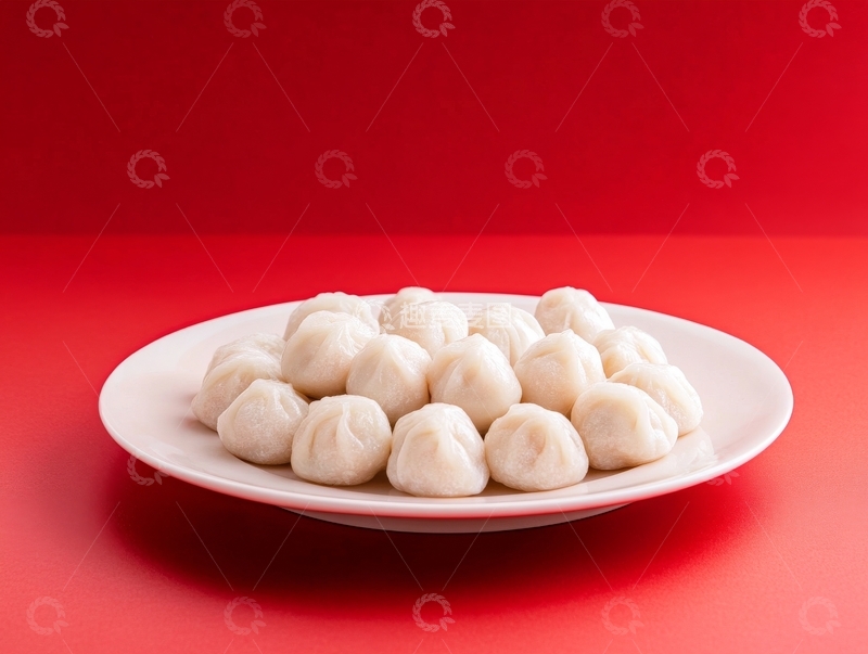 高清大图下载【趣麦麦图】白色汤圆置于红色背景的盘中