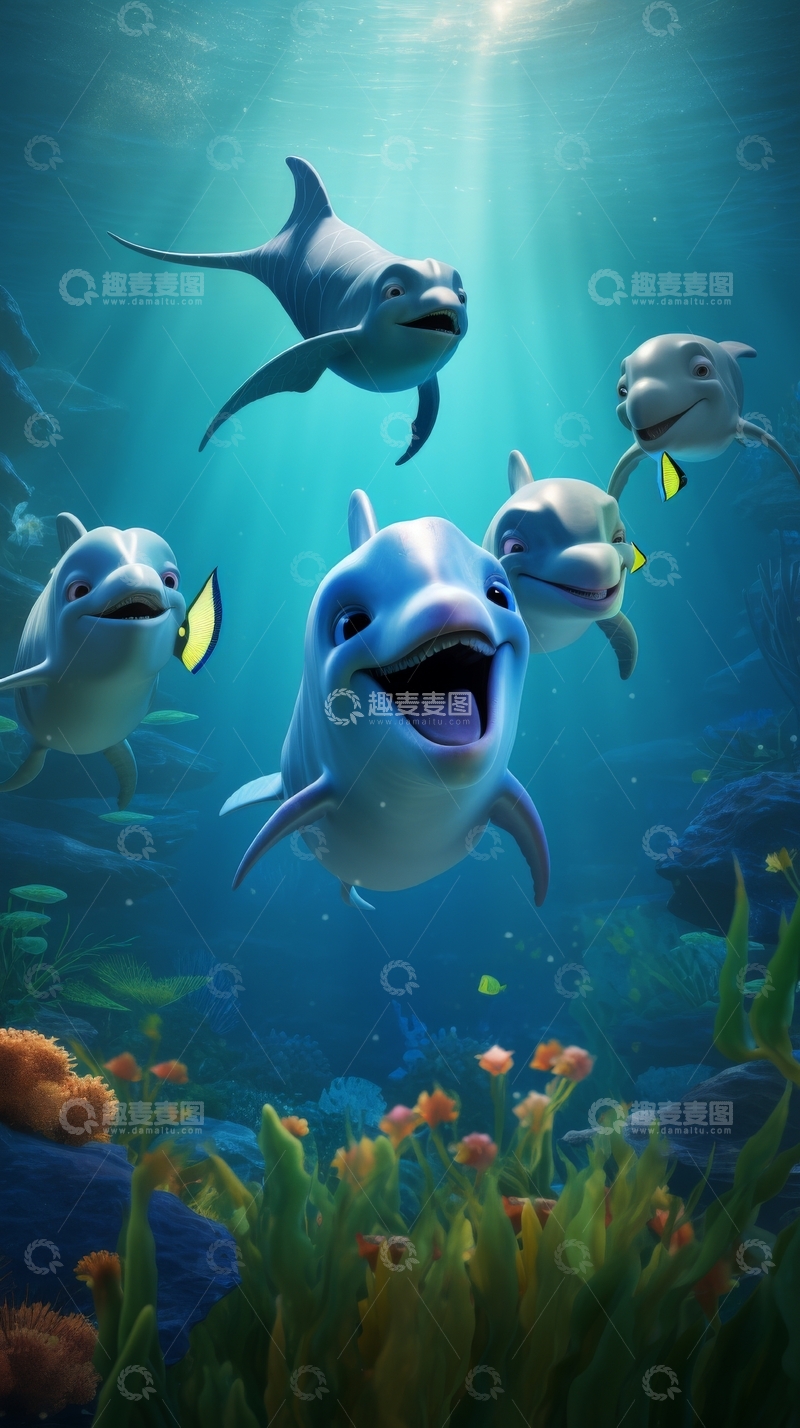 高清大图下载【趣麦麦图】海底世界中的海豚群