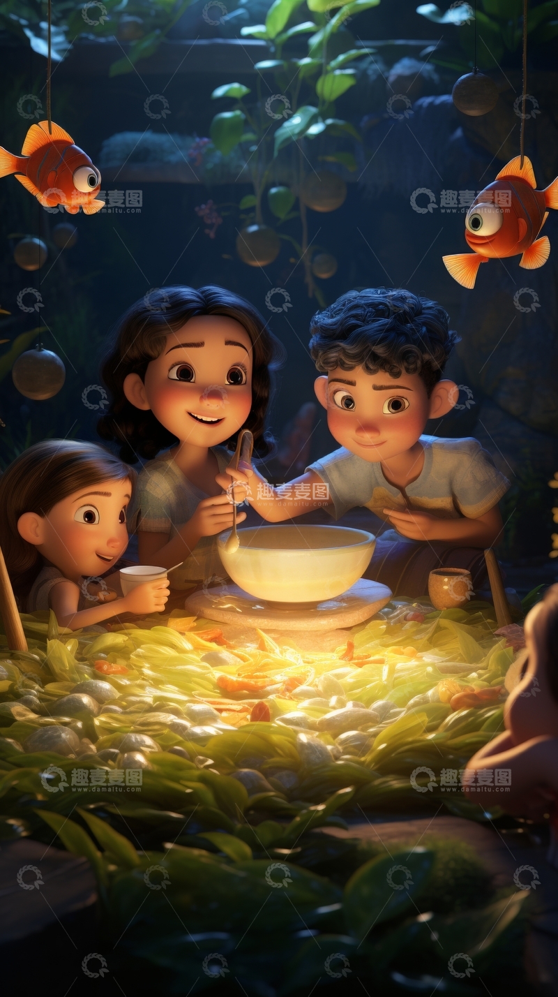 高清大图下载【趣麦麦图】孩子们在水下世界共享美食