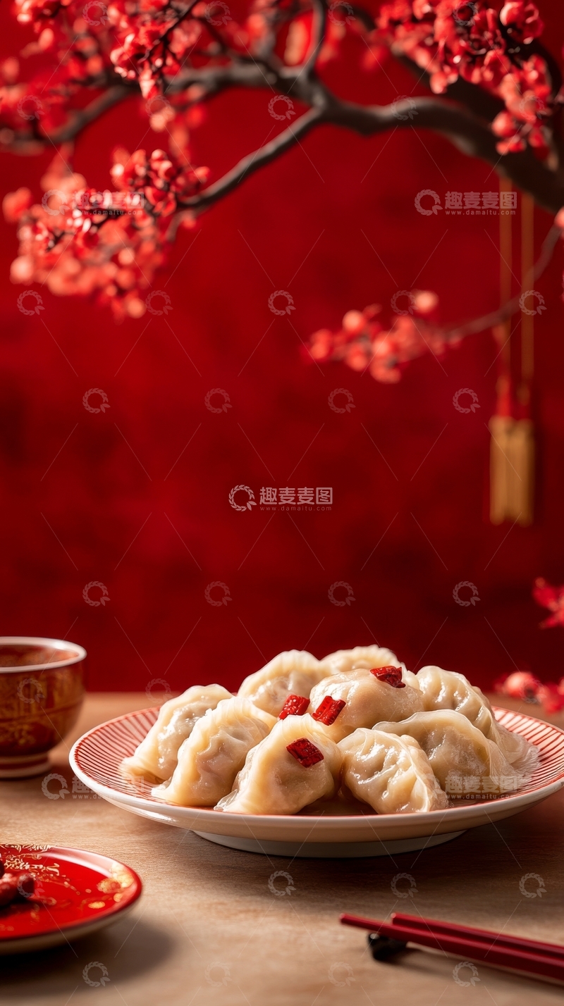 高清大图下载【趣麦麦图】红梅映衬下的美味饺子