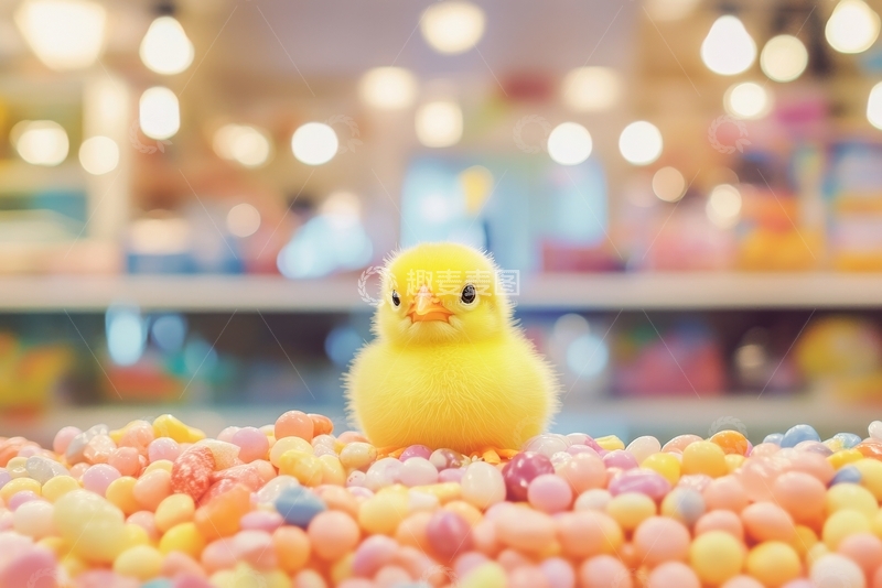 高清大图下载【趣麦麦图】毛绒小鸡置身彩色糖果之中