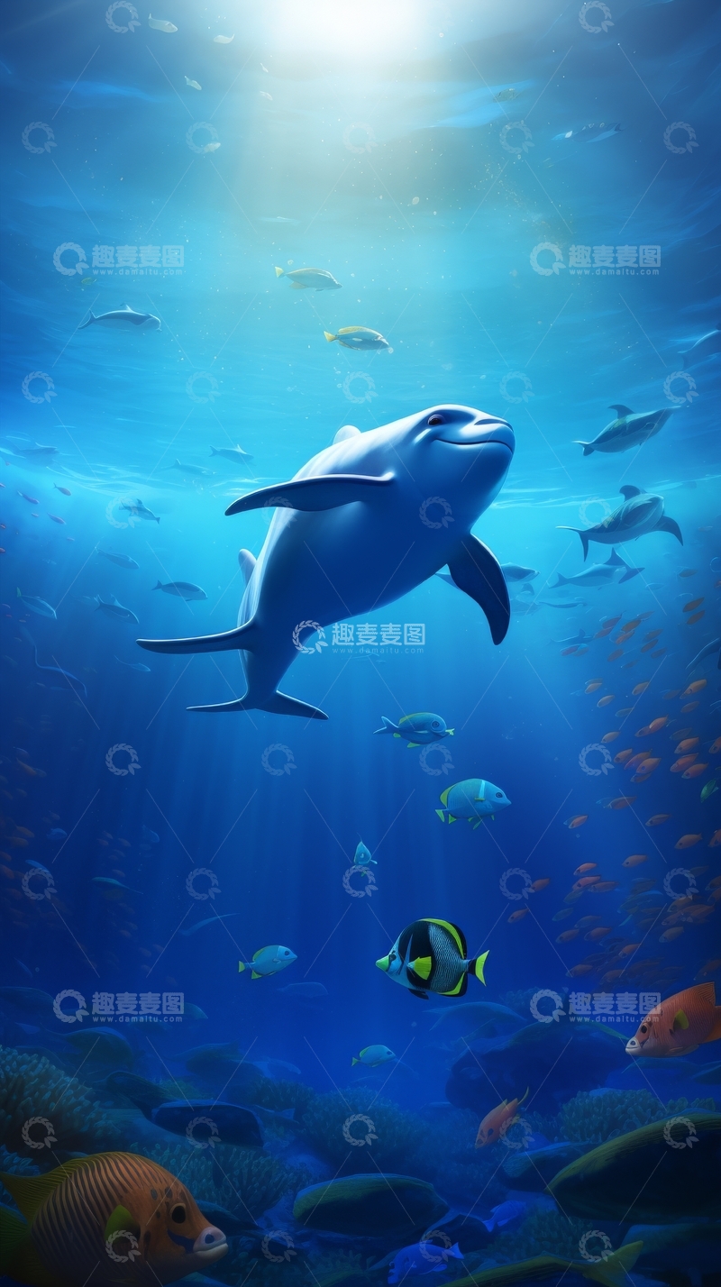高清大图下载【趣麦麦图】海底世界：海豚与鱼群的和谐共生